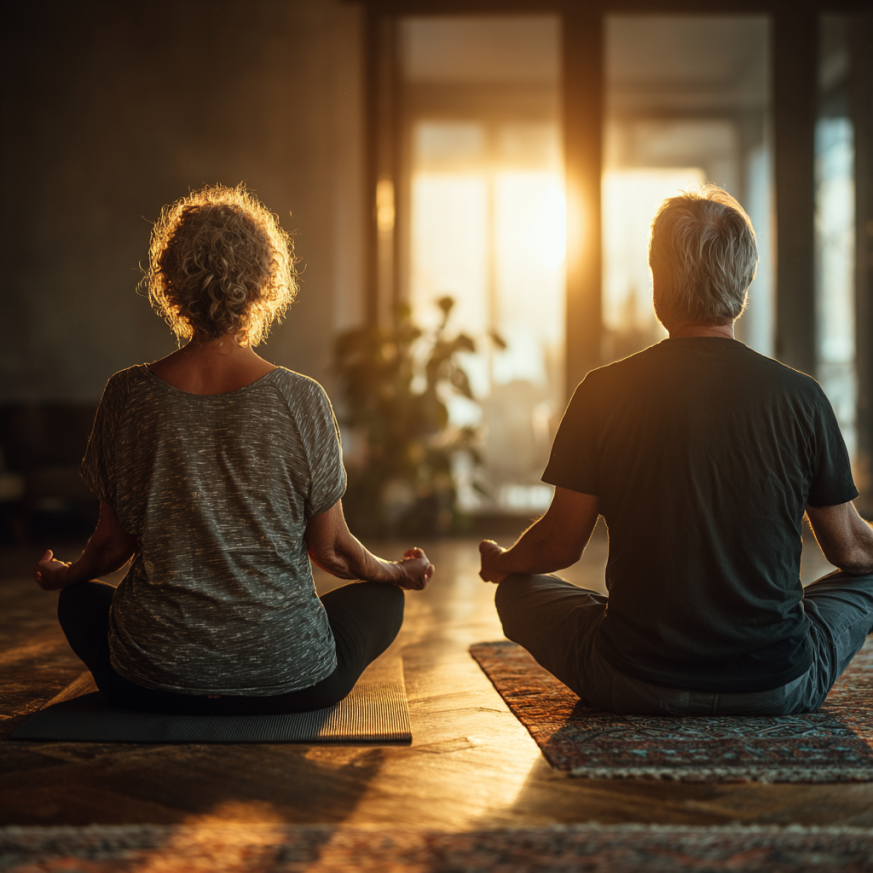 Група літніх людей практикує йогу в затишному залі